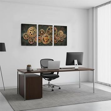 iHAPPYWALL 3 Pieces Abstract Gear Wheel Canvas Wall Art Industrial Steampunk Mechanical Picture Teamwork Gift for Bedroom Home Office Cafe Bar Decor Ready to Hang 16x12inchx3pcs