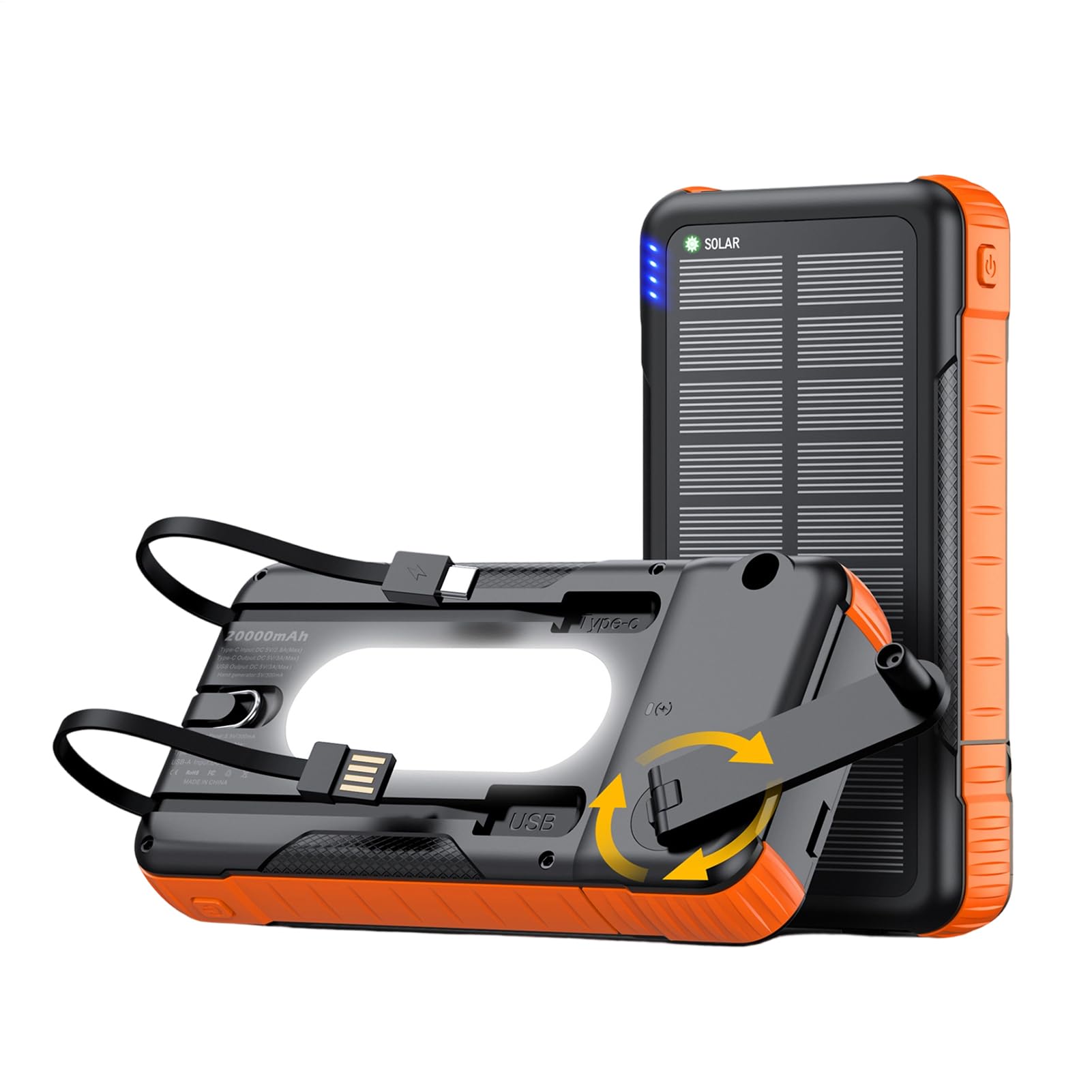 Power Bank Solare Batteria da 20000mAh per Sopravvivenza | Batteria Portatile Solare Con Manovella Manuale Per Uso Esterno Per Telefono Per Campeggio Escursionismo Viaggio Pesca Zaino