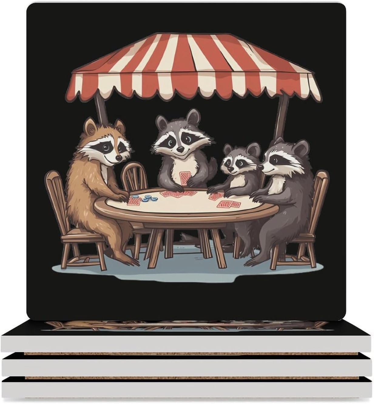 Raccoons Animal Poker Funny Ceramic Coasters for Drinks Absorbent Cup Holder Tabletop Protector with Cork Base