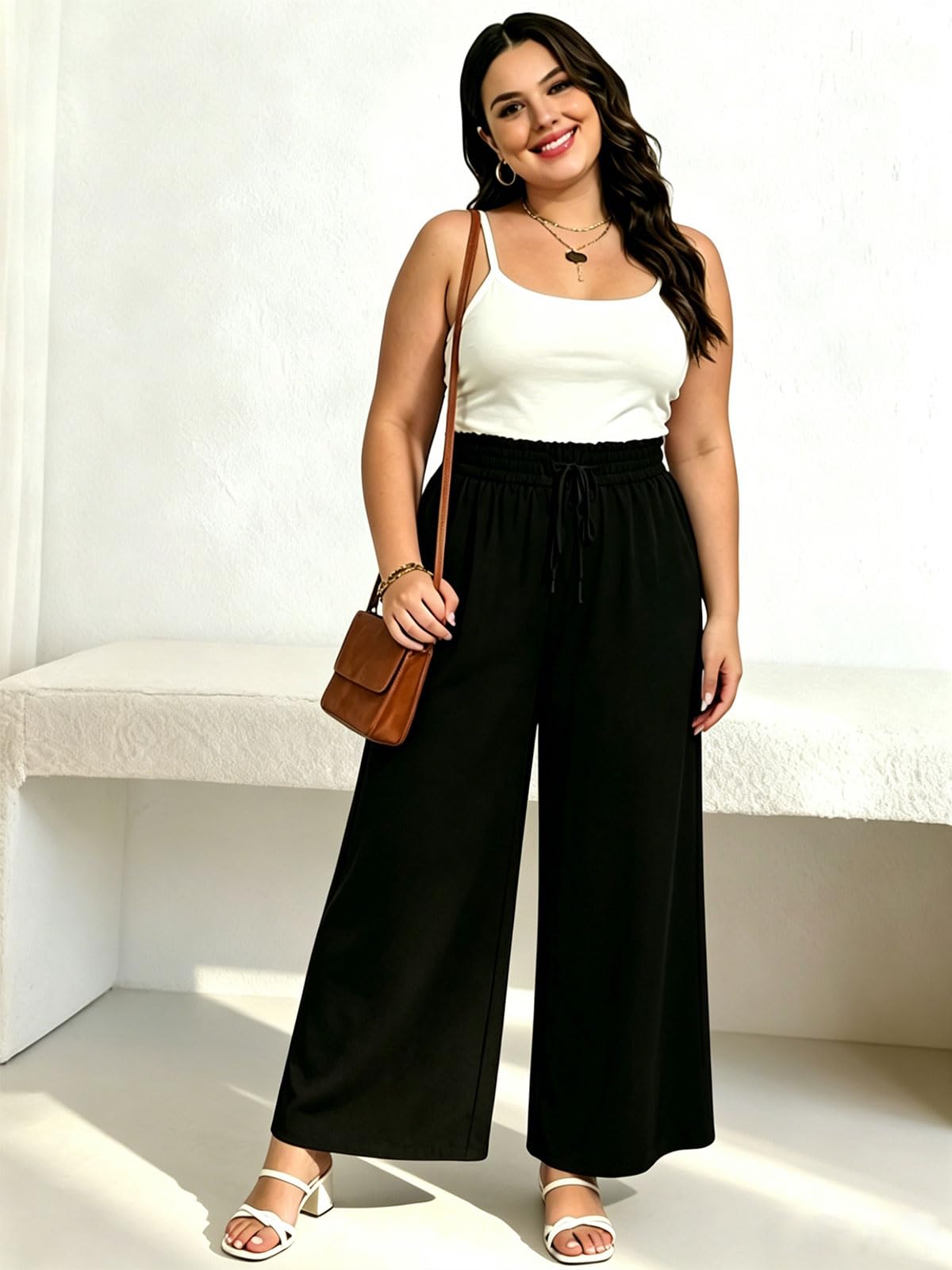 Moon Wood Pantalones Palazzo Mujer Talla Grande Cintura Alta Elástico Verano