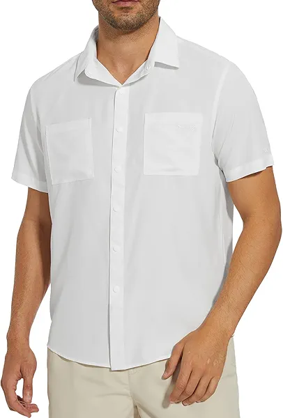 BASSDASH Men's UPF 50+ Short Sleeve Snap Button Down Shirt Regular Fit Woven Two Pockets Casual Dress Shirts