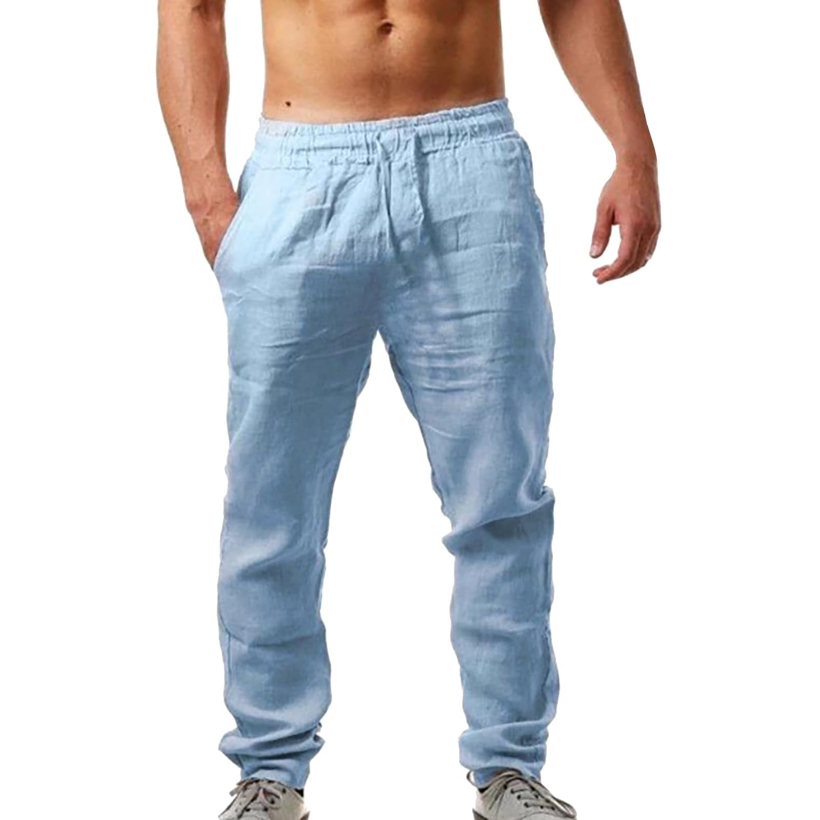 XINGJIAARTS Mens Linen Pants Casual Fashion Mens Cotton Linen Pants Summer Beach Loose Fit Elastic Waist Drawstring Sweatpant