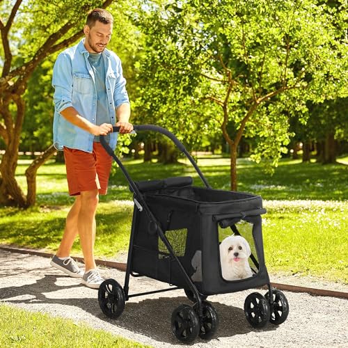 PawHut Hundewagen, faltbarer Hundebuggy, Hundetrolley mit Kissen, Katzenbuggy bis 20 kg, Katzenwagen für kleine und mittelgroße Hunde mit Seitentaschen, Netzfenster, Oxford-Gewebe, Schwarz