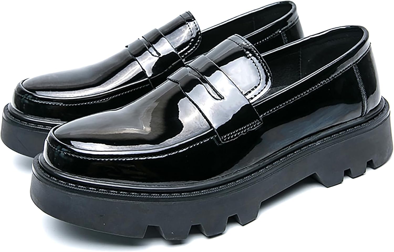 Men's Patent Leather Platform Chunky Slip-On Penny Loafers Classic Round Toe Lug Sole Business Casual Formal Work Dress Shoes