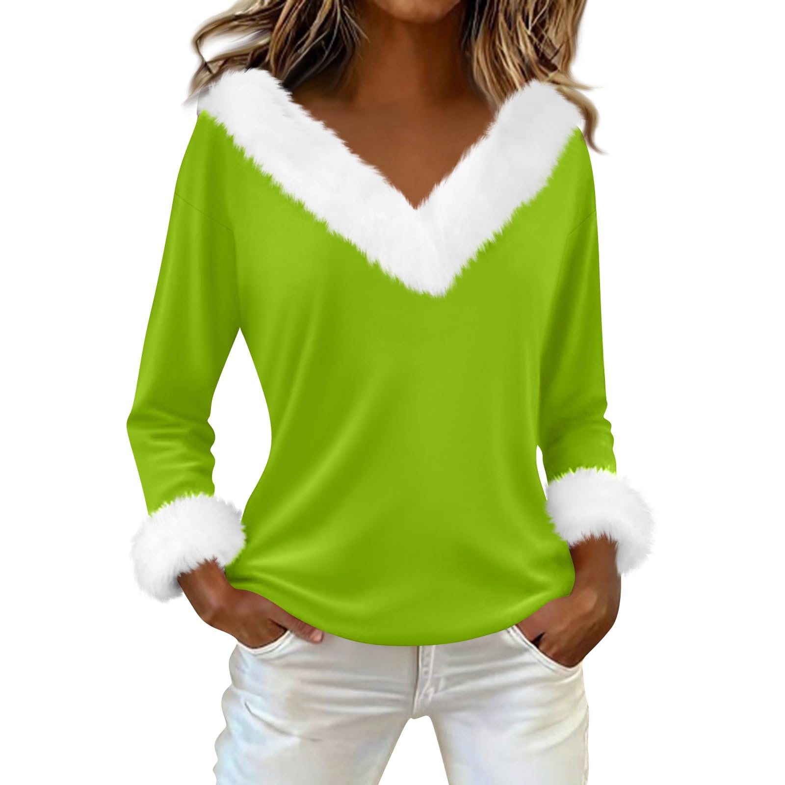 Long Sleeve Pullover Christmas Tops Womens Santa Velvet Long Sleeve V Neck Fur Trim Sweater Tops