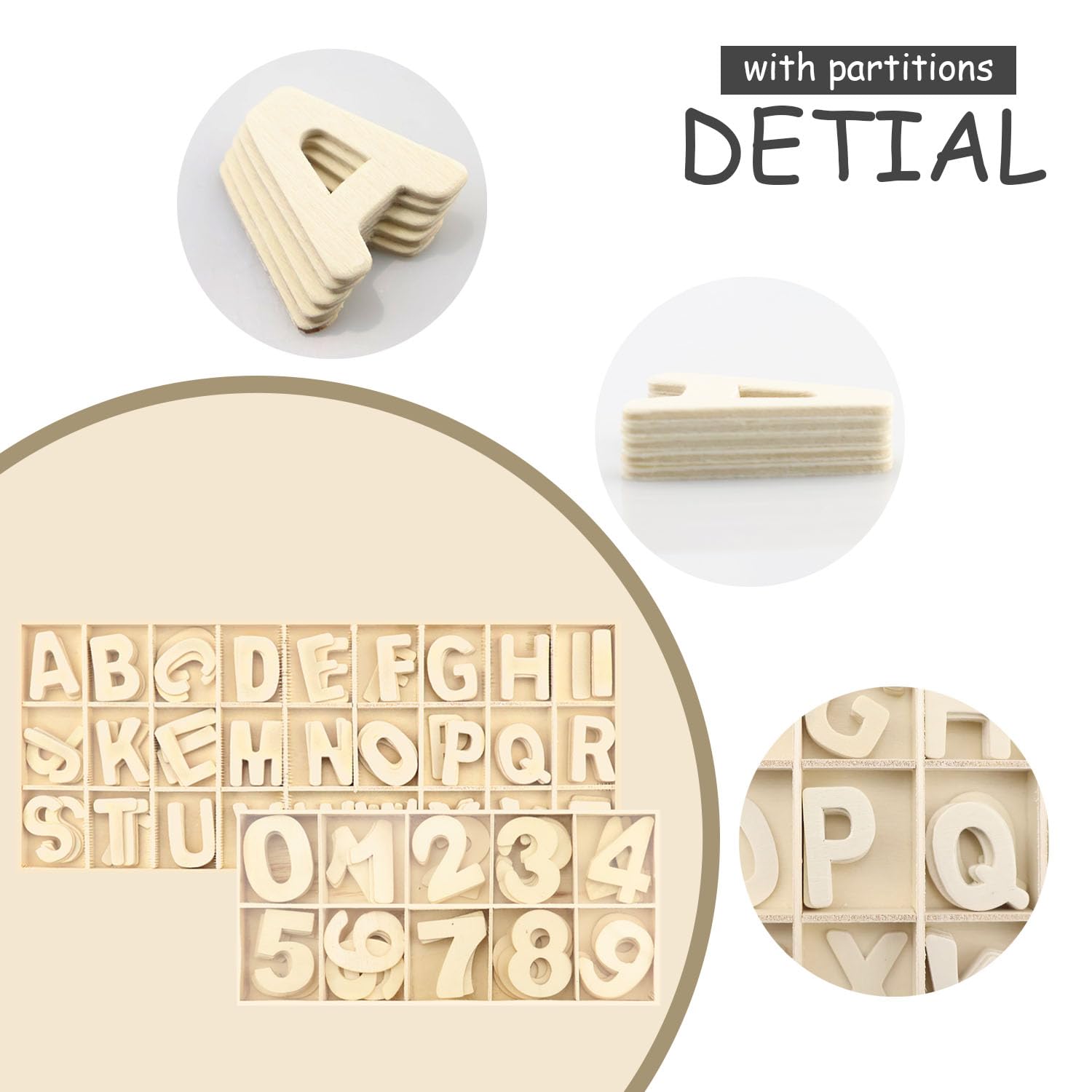 Bois Naturel Poli Sûr 190 Pièces Lettres Et Chiffres En Bois - Alphabet Majuscules Avec Plateau De Rangement Pour DIY Et Décoration Lettere In Legno Grandi