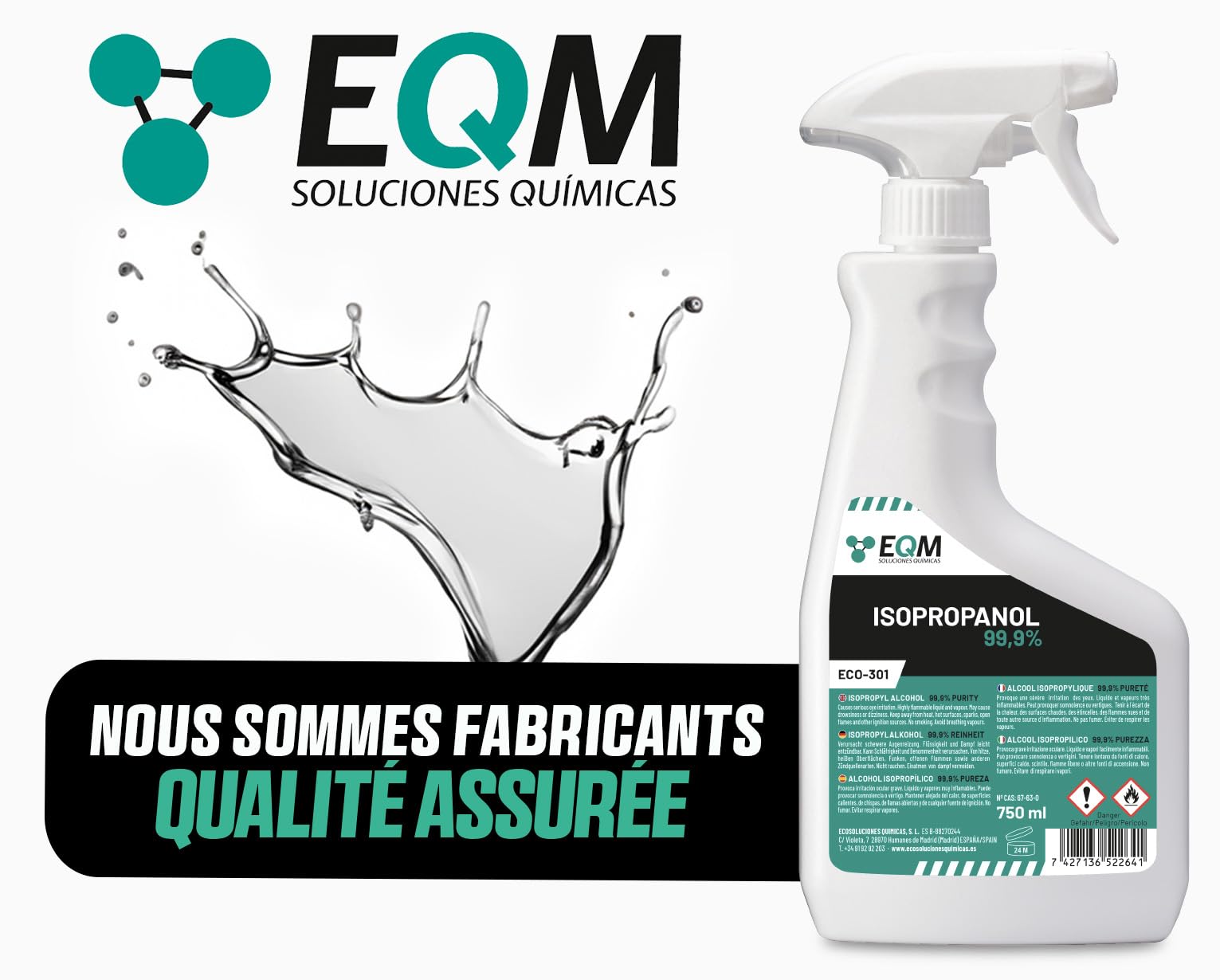EQM - ECO-301 - Alcool Isopropylique Pur 99,9% - 750 ML - Nettoyage de Composants Électroniques, Objectifs, Écrans et Résines d’Impression 3D