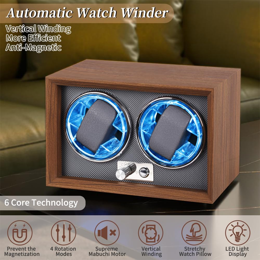 Remontoir de montre automatique avec LED, Grain de bois foncé avec 2 emplacements, 2 slots