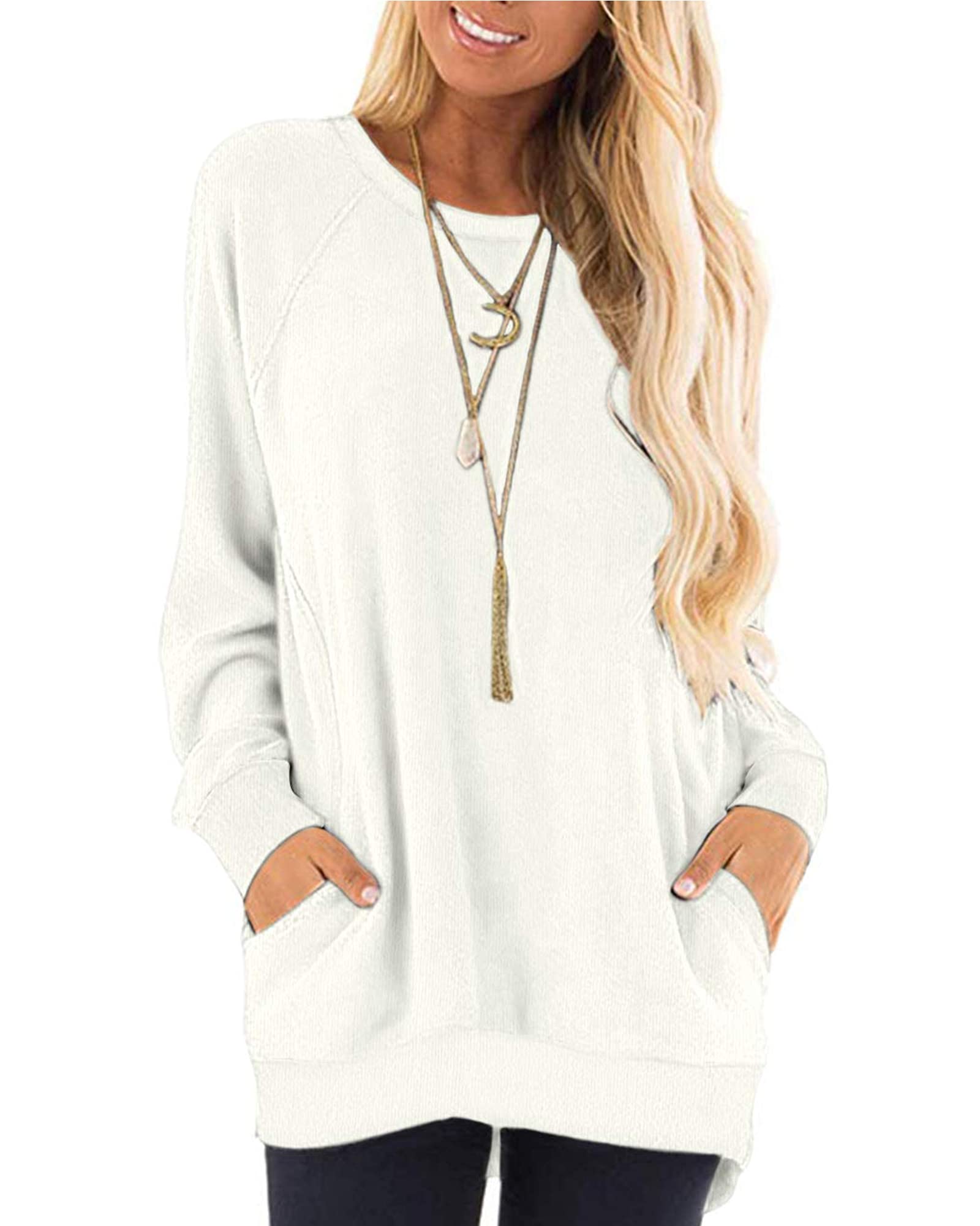 AUSELILY Long Sleeve Tops Women Round Neck Casual Jumpers Blouses Autumn Sweatshirts with Pockets White 3XL