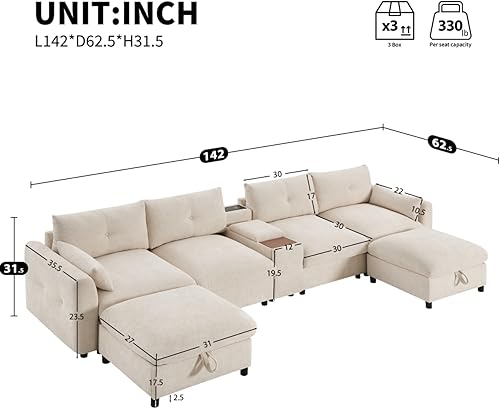 Miniatura 2 de 136'' Modular 6 Seat Sectional Sofa with Console, Cup Holder and USB Charger, U-Shaped Oversized Chenille Sofa with Movable Storage Ottoman and