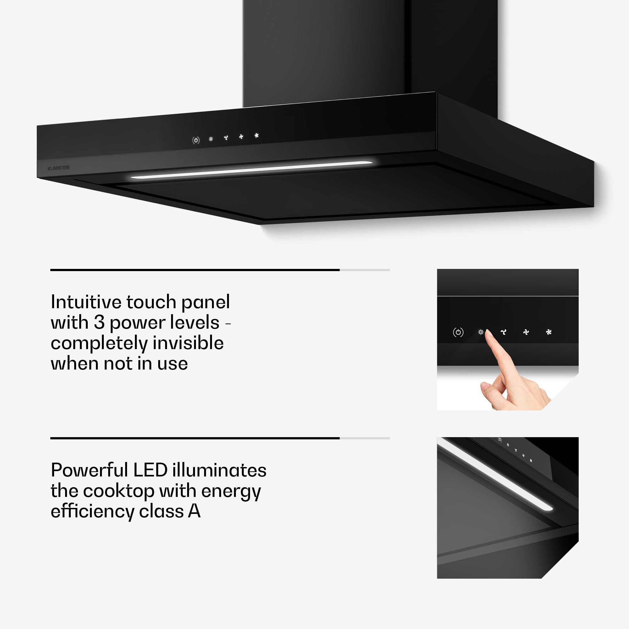 Klarstein Okap kuchenny, Velaire 60 cm – 600 m³/h, efektywność energetyczna A++, sterowanie dotykowe, dioda LED, cichy, filtr aluminiowy i z węglem aktywnym, okap ścienny, czarny