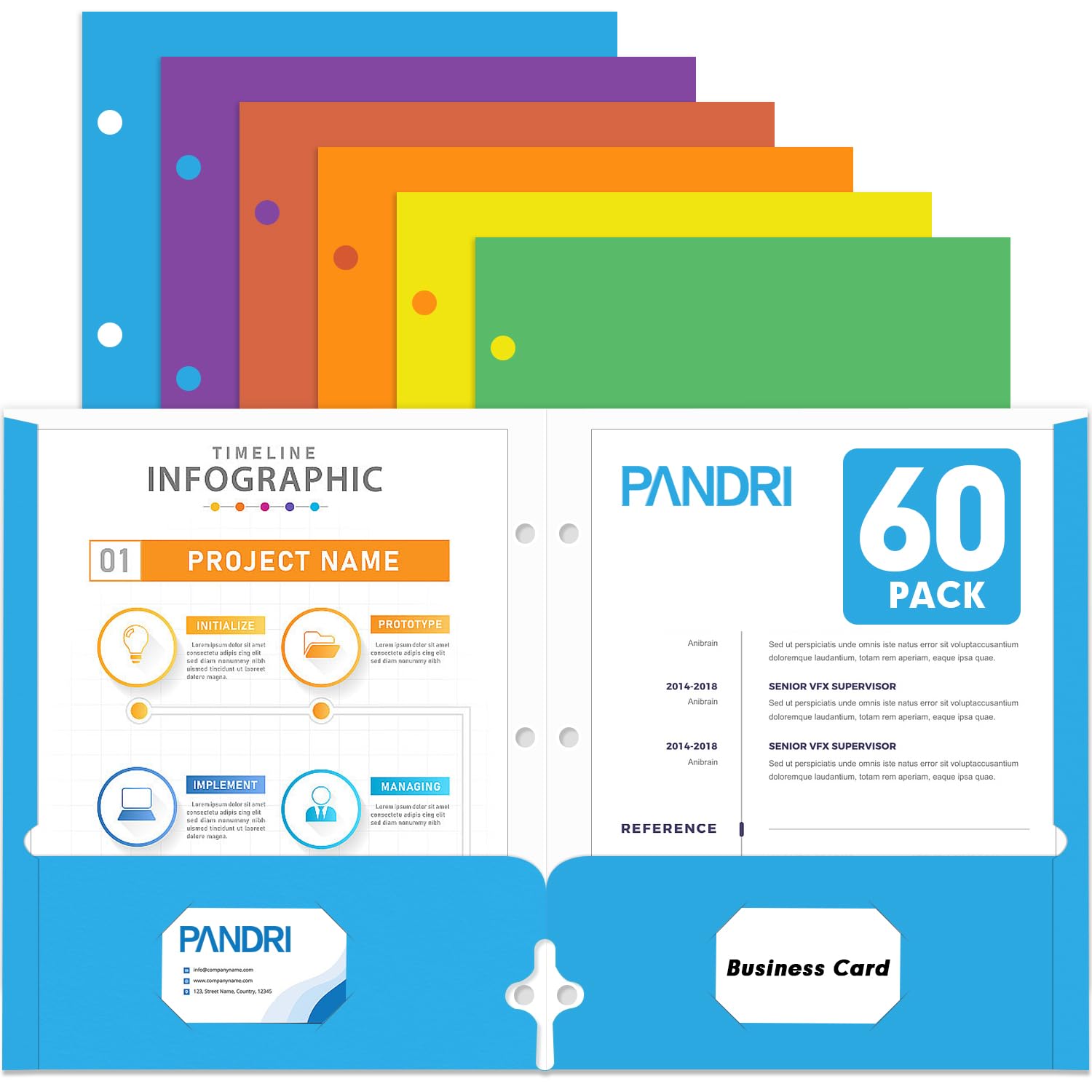 Two Pocket Portfolio Folders, PANDRI 60 Pack 3 Hole Punched 2 Pocket Folders for 3-Ring Binder, Letter Size Paper File Folder for School Office Home Business, Assorted 6 Colors