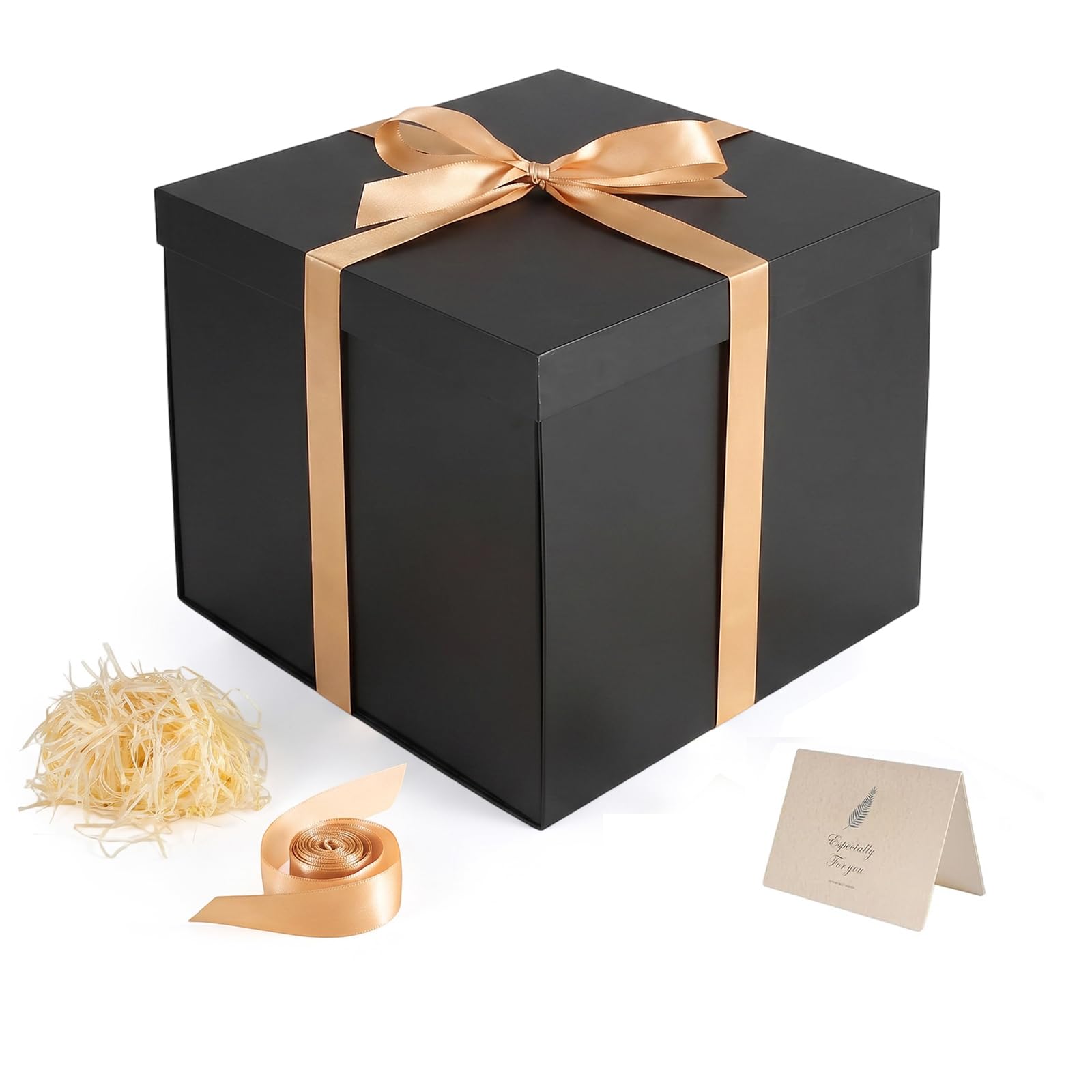 Large Gift Box for Present - 30×30×25cm Black Gift Box with Lids Ribbon Card＆Confetti, Flat Pack Birthday Gift Boxes Present Box for Wedding Christmas Anniversary