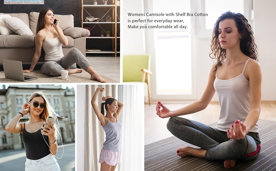 3-Pack Womens Camisole with Shelf Bra Adjustable Spaghetti Strap Cami Cotton Undershirt Tanks4