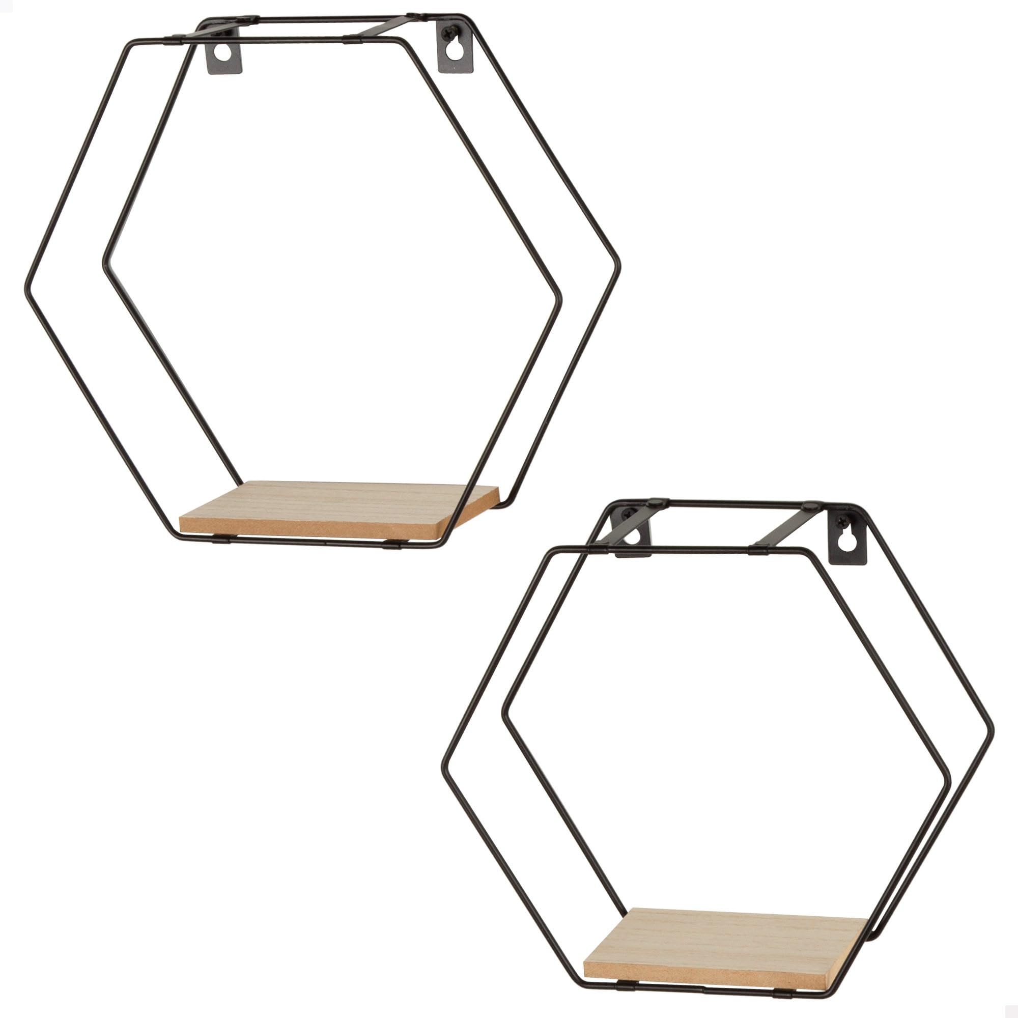 AKTIVE MAX Home Set of 2 Wall Shelves, Max. Supported 4 kg, Hexagonal, Decorative, Wooden Shelf, Metal Frame, Black, Modern Design for Living Room, Bedroom, Office (18473)