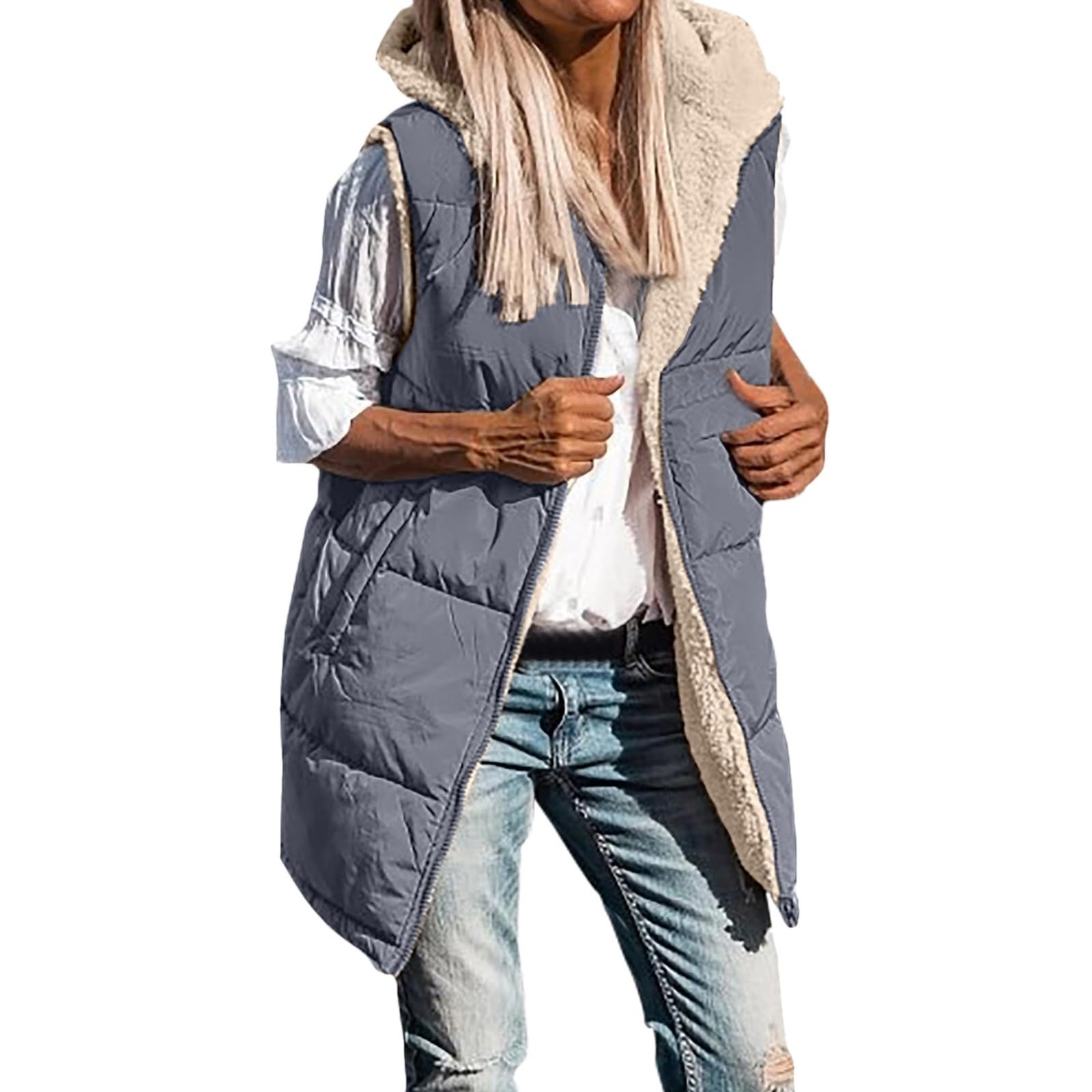 Genérico Chaleco cálido para Mujer acolchado sin mangas chaqueta con bolsillo Borrego Invierno acolchada de talla grande Chalecos Capucha cálida clima frío