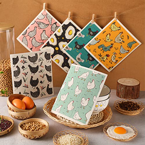 6 Pcs Swedish Kitchen Dish Cloths Kitchen Towels Reusable Sponge Cleaning Cloths Wipes Absorbent Dish Cloth Quick Drying Washable Decorative Tea Towels No Odor Bar Hand Towel (Chicken) #TOP4