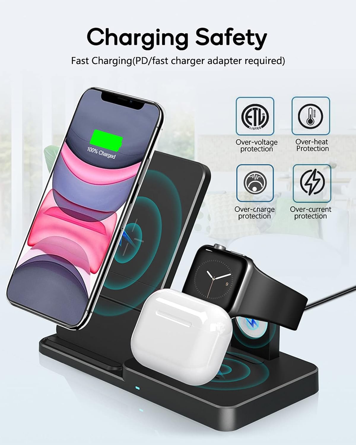 Buy 1 get 1 🔥 Wireless Charger, Qi-Certified Fast Wireless Charging Station for AirPods/Apple Watch Series/iPhone 12/11/11 pro/11 Pro Max/XS/XS Max/XR/8/8 Plus/SE,Adjust Wireless Charging Stand for Samsung