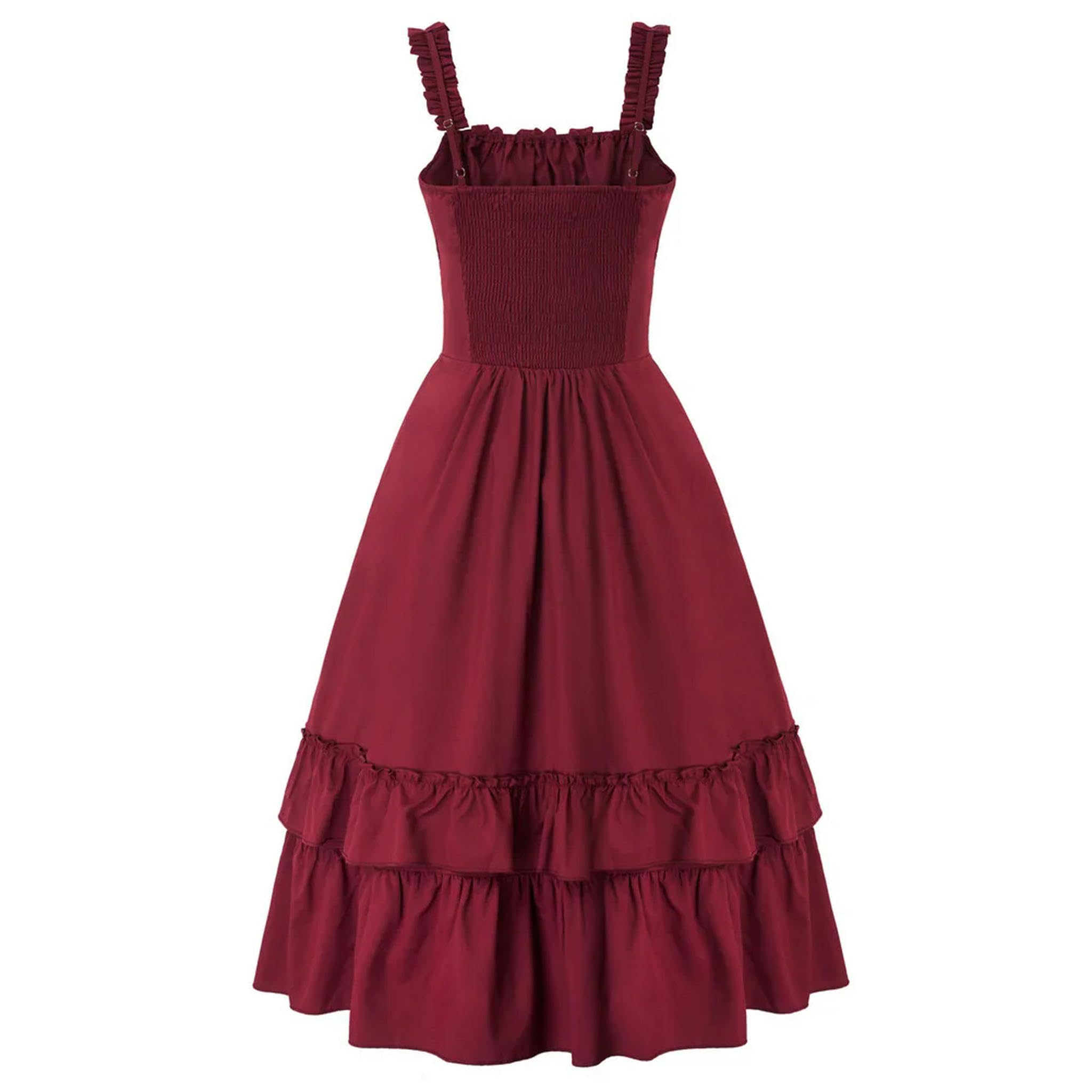 Damenkleid, Gerafftes Kleid, quadratischer Ausschnitt, gesmokte Taille, Kleider, Gothic-Steampunk-Rock, asymmetrisch, hoch – Pink-XL