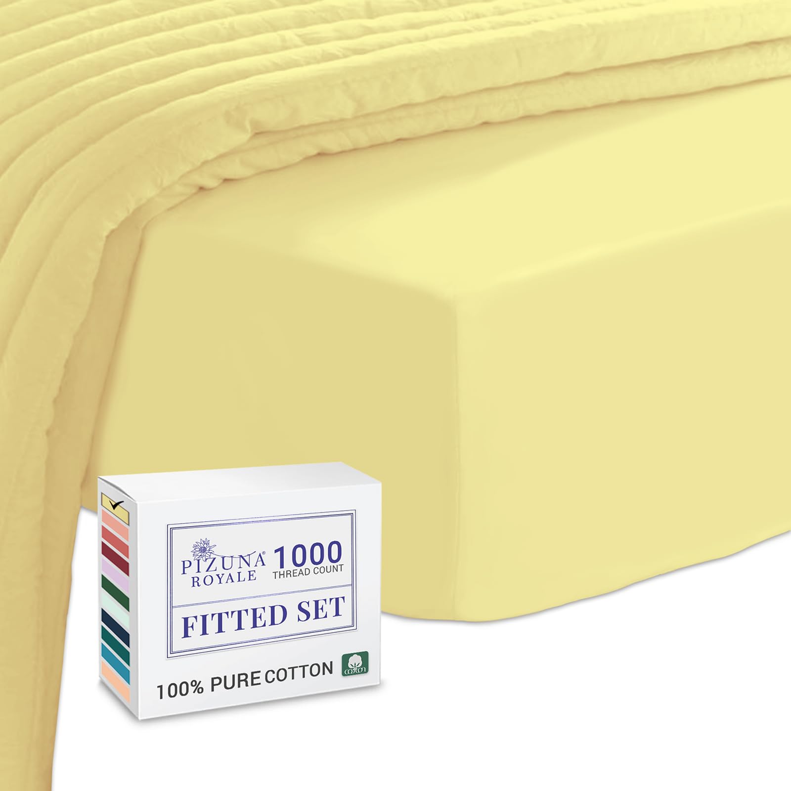Pizuna Mellow Yellow Luxurious Cotton Emperor Size Fitted Sheets 1000 Thread Count 100% Long Staple Cotton Emperor Fitted Sheets 200X200cm, Sateen Thick Fitted Sheet Extra Deep 40 Cm Fit - 1 Pc