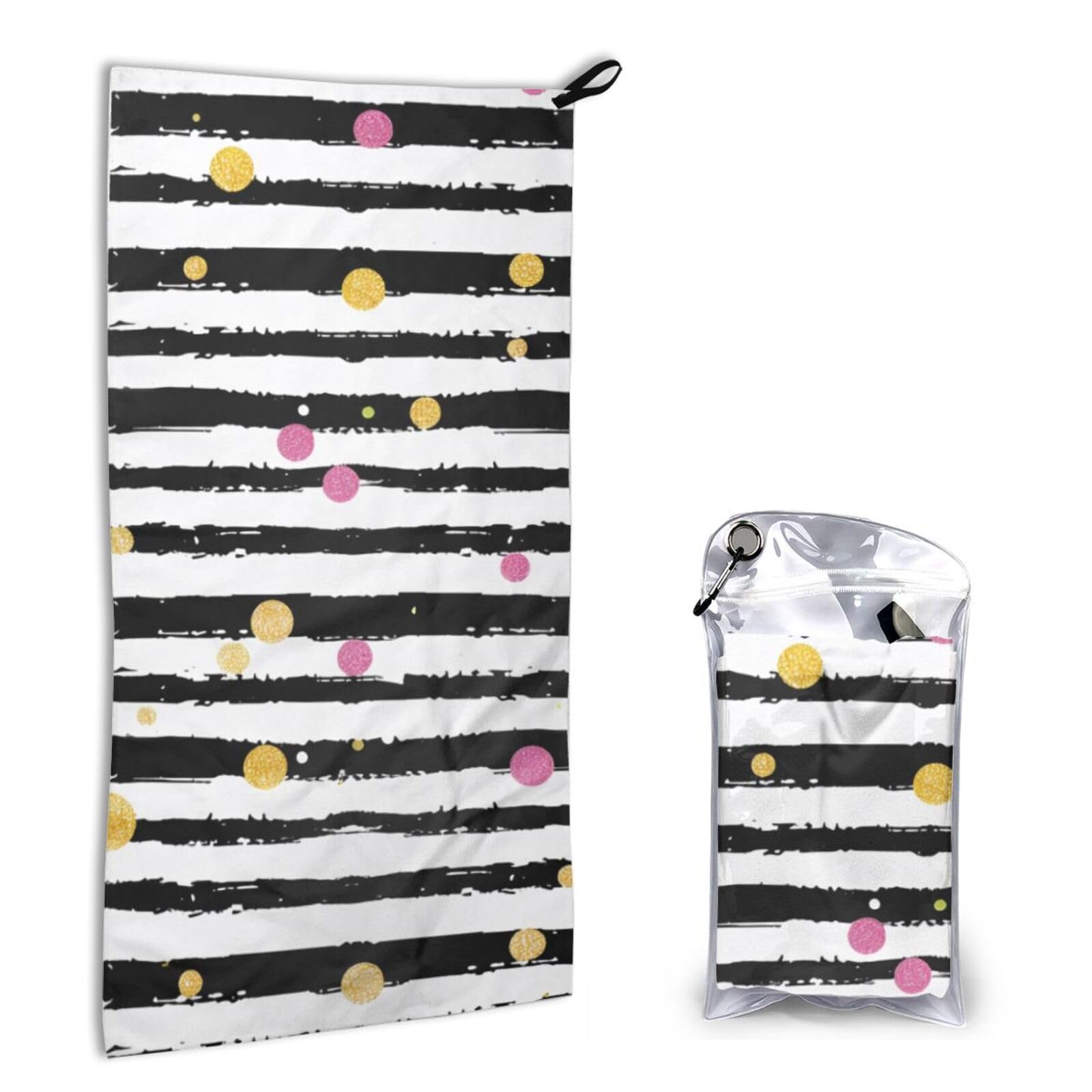 BWWHCCTI Quick Dry Hand Towel With Bag - Glitter Rainbow Polka Dot Stripe Black and White Printed Super Absorbent Face Cloth Microfiber Travel Sports Towels 40x80cm