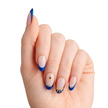 Impress X WICKED: FOR GOOD Press On Nails, Wickedly Brave, Blue, Medium Oval, New Improved Adhesive, Up To 10 Day Hold, Includes 30 Fake Nails, 1 Prep Pad, 1 Manicure Stick, 1 Mini File