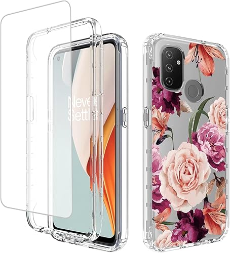 Funda para OnePlus Nord N100 BE2013 con protector de pantalla de vidrio templado, lindo patrón floral transparente de cuerpo completo protector para