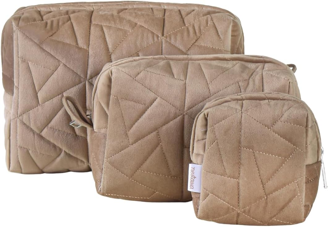 Nestasia Quilted Travel Makeup Bag Organizer Set of 3 | Organization & Storage | Travel Essentials | Concealed Zipper Makeup Toiletry Bathroom Accessory Bag Women | Waterproof & Scratchproof | Beige