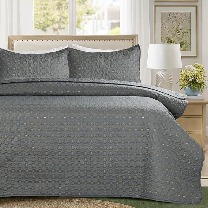 BSB HOME Solid 100% Cotton Multi-Needle Quilted Ultrasonic Bedcover Set – 280 TC, Soft & Lightweight, King Size/Double (90x100 in/228X254 cm), Coverlet with 2 Pillow Cases (Steel Blue)-image-1