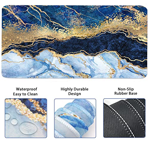 Image of 4-in-1 Large Gaming Mouse Pad, Keyboard Wrist Rest Pad & Wrist Support Mousepad Set, Extended Desk Pad Waterproof Desk Mat for Home Office Study Game - Blue Gold Marble