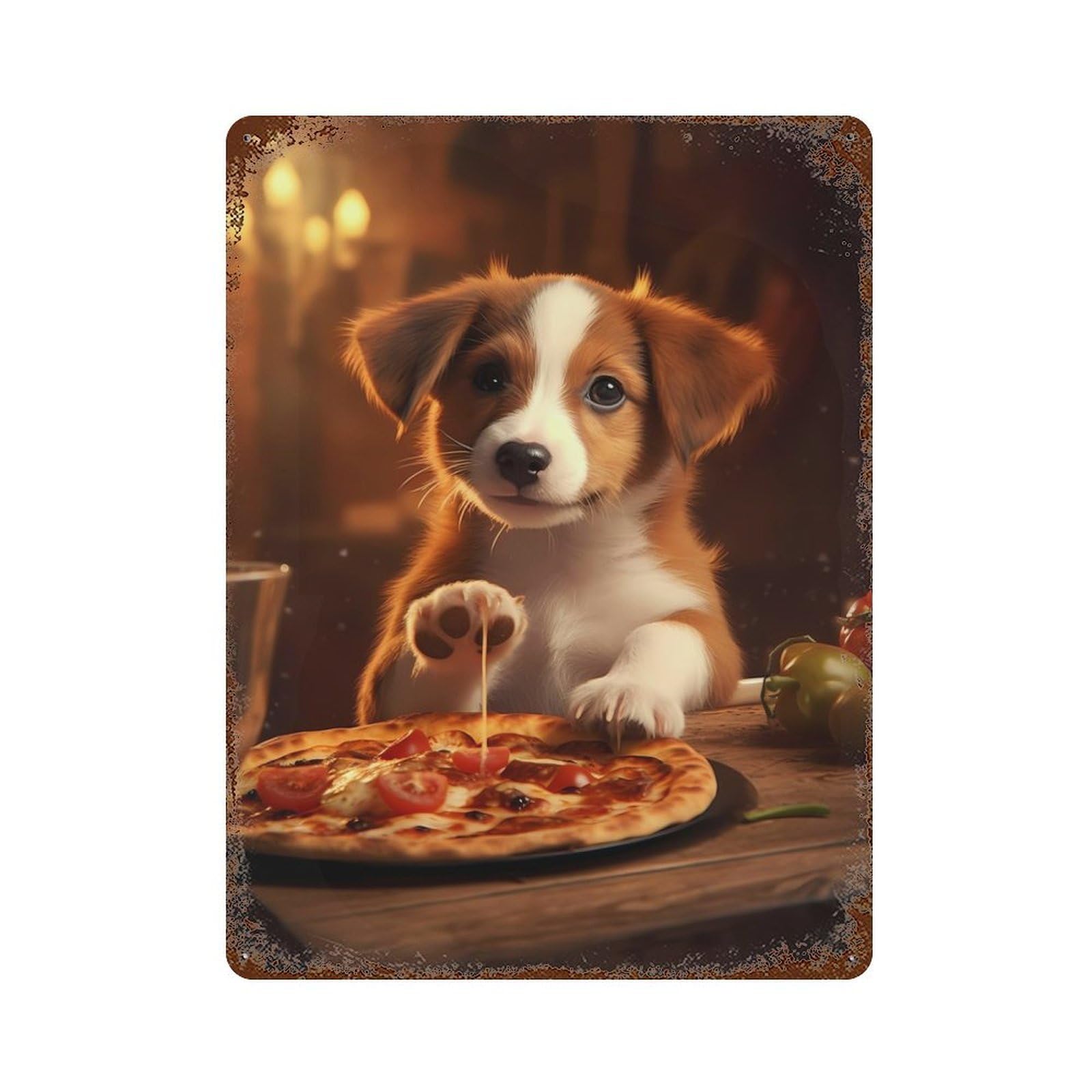 Rust Effect Cute Dog Puppy Pizza Food Distressed Metal Wall Sign 15.7"x11.8", Decorative Metal Wall Art for Living Room, Hallway And Home Decor