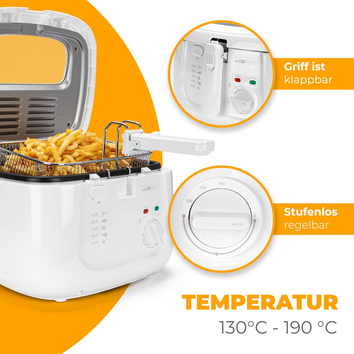Clatronic® Friteuse avec huile | 2,5 litres huile/graisse | Filtre anti-odeur | avec grand panier à friture | Thermostat réglable en continu | avec réservoir d'huile antiadhésif | FR 3771
