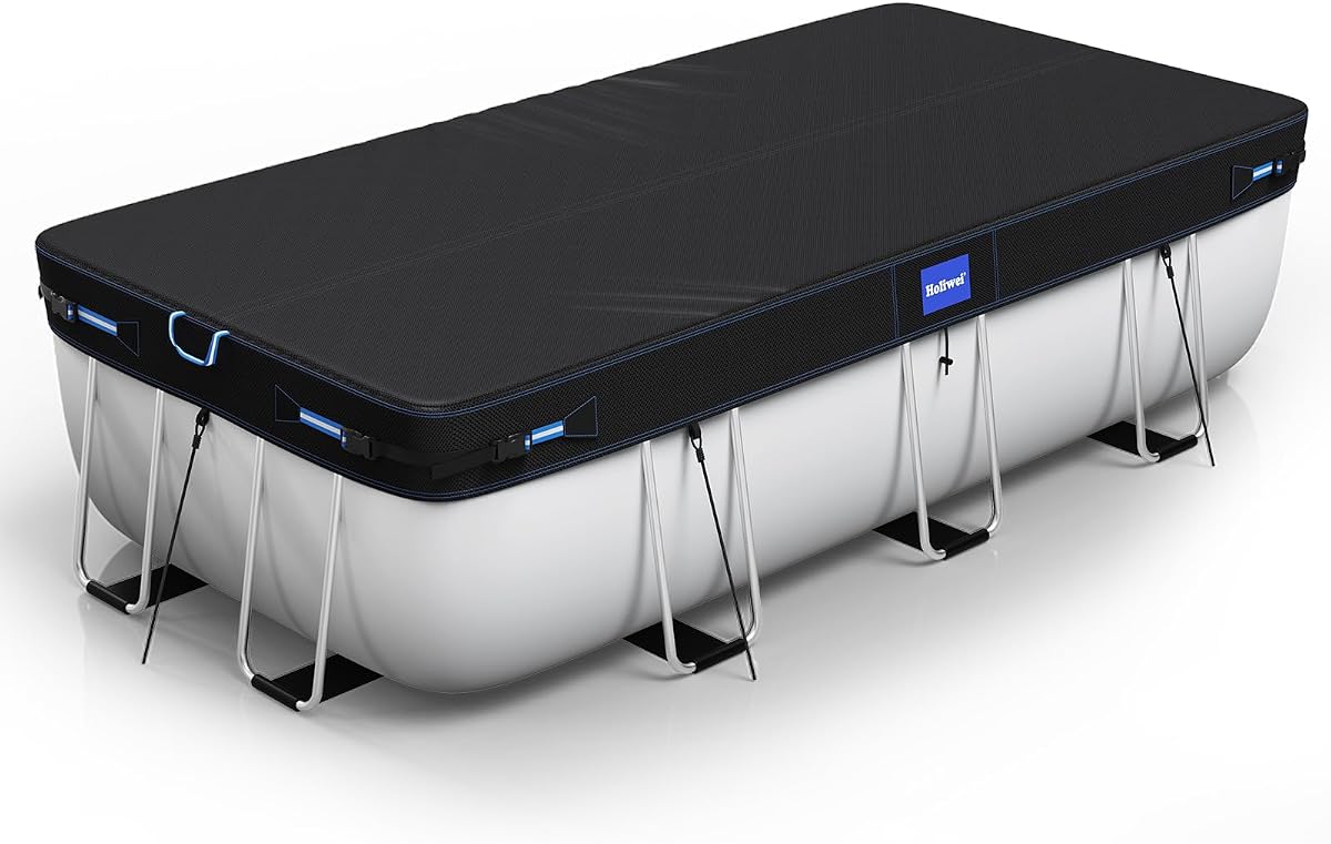 Holiwei 12x18 Ft Rectangular Pool Cover with Reflective Strips for Above Ground Pool, 420D Swimming Pool Cover for Rectangular or Oval Frame Pools, Solar Cover with Drawstring and Ground Nails