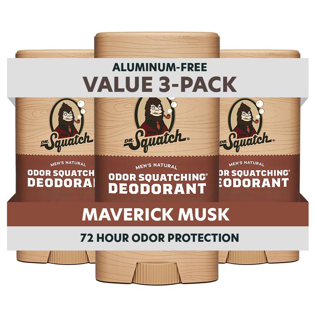 Dr. Squatch Natural Men’s Deodorant – Aluminum Free Natural Deodorant Men with Charcoal & Postbiotics for 72-Hour Odor Protection – Maverick Musk, 2.65oz Stick (3-Pack)