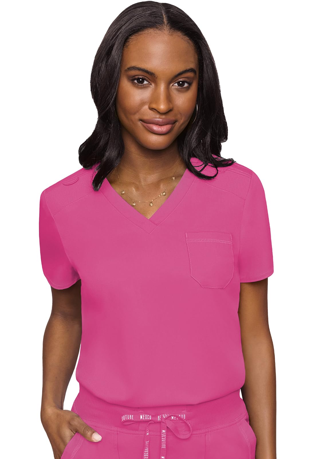Med Couture Women's V-Neck Scrub Top, Modern Fit Tuck-in Top with Stretchy Rib-Knit Shoulders and Chest Pocket - MC7448