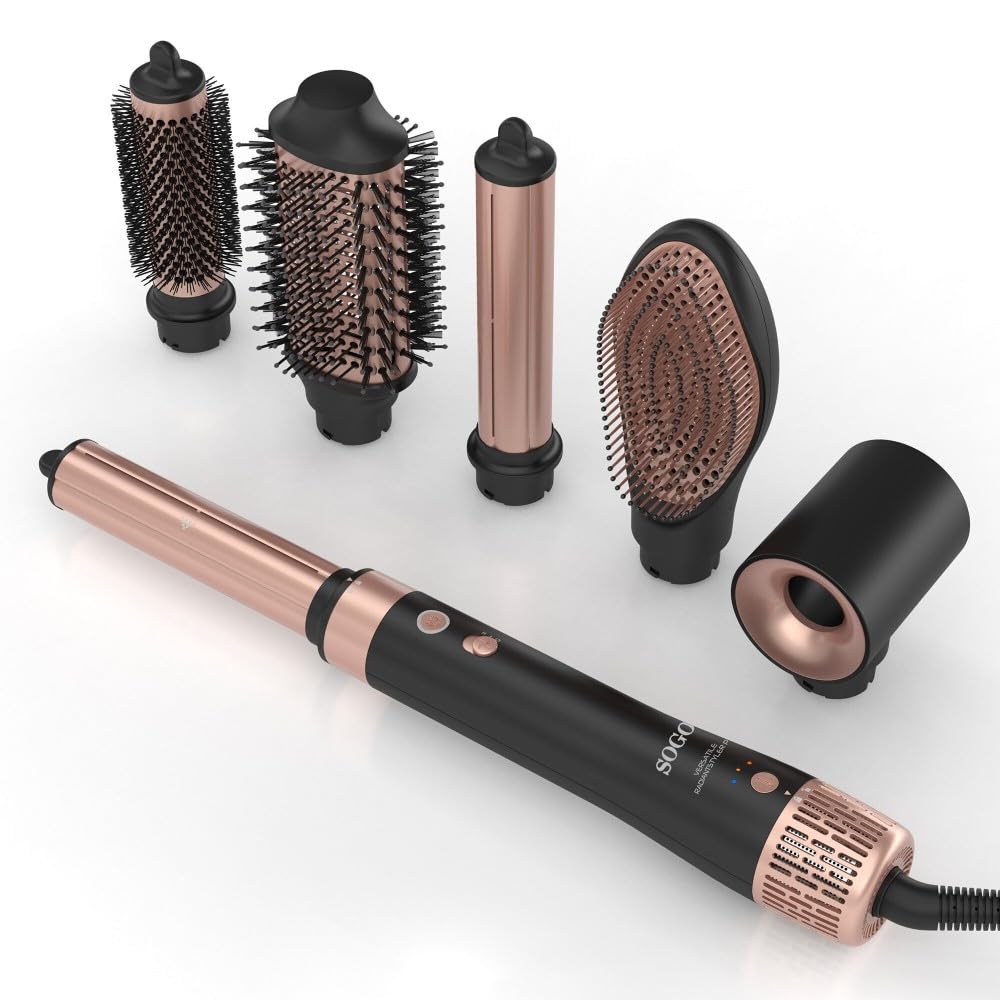 SOGO Airstyler, spazzola multistyler, arricciacapelli, arricciacapelli, strumento per lo styling 6 in 1, impostazioni di temperatura, funzione ionica, 1400 W, nero/oro