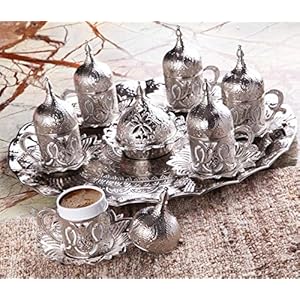 LaModaHome Espresso Coffee Cup with Saucer, Lid, Tray and Delight Bowl Set of 6, Turkish Arabic Greek Porcelain Coffee Set, Coffee Cup for Women, Men, Adults, New Home Wedding Gifts – White/Silver