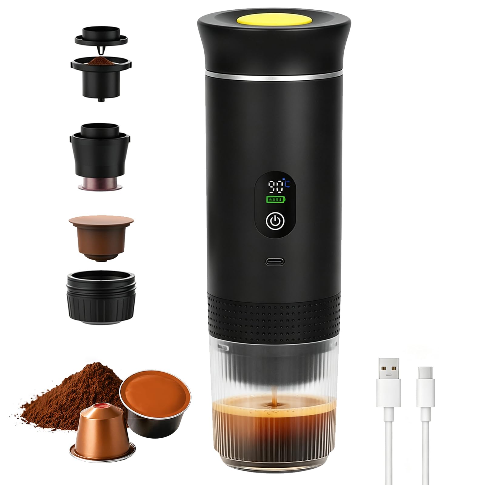 Macchina per caffè espresso portatile, 3 in 1, con batteria, mini macchina da caffè da viaggio, compatibile con capsule di caffè e caffè macinato, per auto, campeggio, escursionismo, ufficio, camper