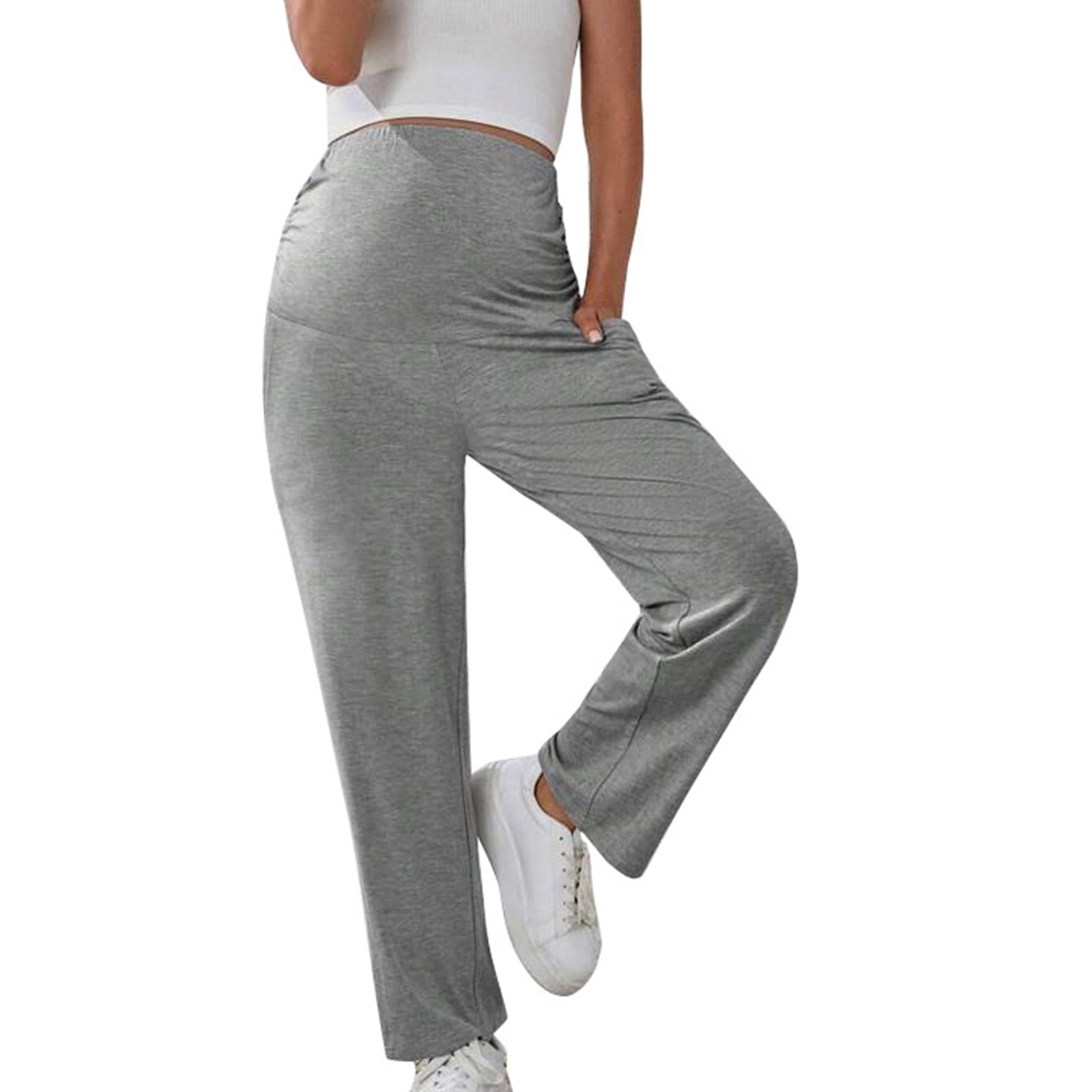 Generisch Umstandshose Damen Umstandsmode Lang Schwangerschaftshose mit Verstellbarer Bund Breite Gerade Bein Schwangerschaft Hosen mit Taschen Sommer Casual Lose Schwangere Schlafanzug Freizeithose