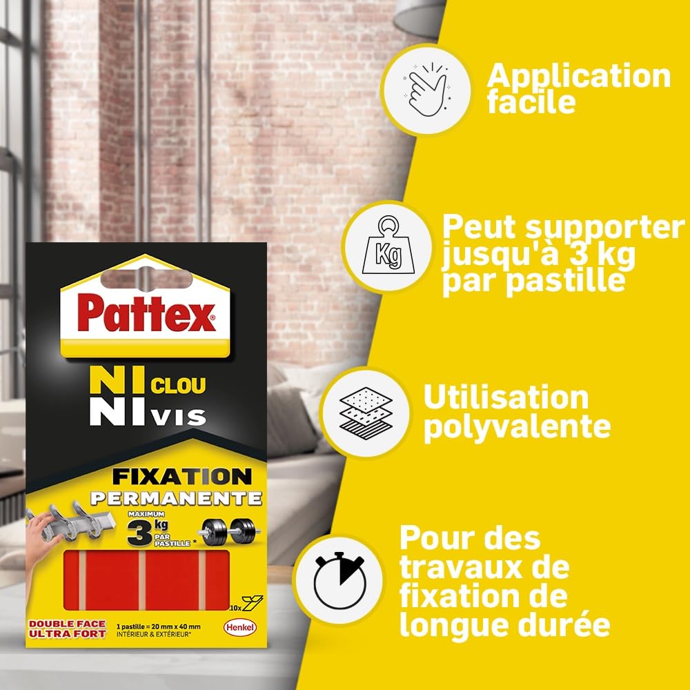 Pattex Pastilles Fixation Permanente Ni Clou Ni Vis 10 x 20 mm x 40 mm Double Faces Ultra Fortes Autocollantes Résistantes 3 kg