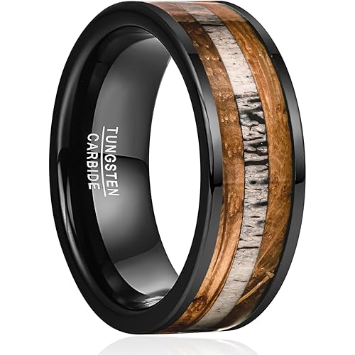 NUNCAD 8mm Tungsten Ring for Men, Black Inlaid Whisky Barrel Wood Antler Hammered Tungsten Wedding Bands Customize Engraved Ring Fit Men Women Size 7-12