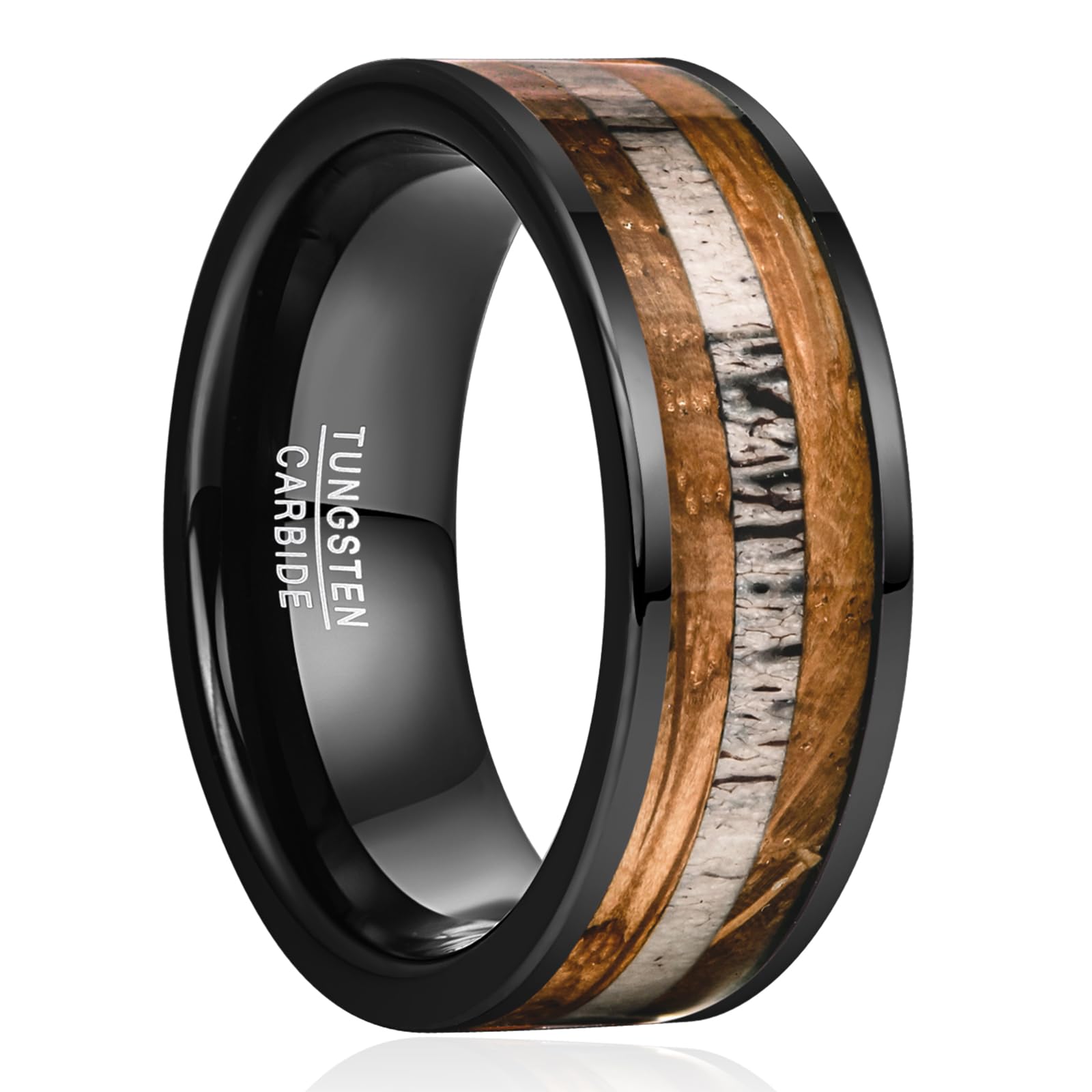 NUNCAD 8mm Tungsten Ring for Men, Black Inlaid Whisky Barrel Wood Antler Hammered Tungsten Wedding Bands Customize Engraved Ring Fit Men Women Size 7-12