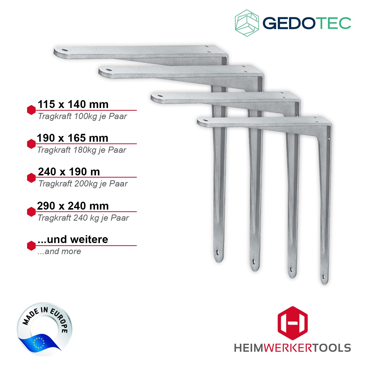 Gedotec Herakles - Consola de aluminio para estanterías pesadas (400 mm, 10 unidades, soporte de aluminio, capacidad de carga de 340 kg, para suelos de madera, soporte de estante inoxidable