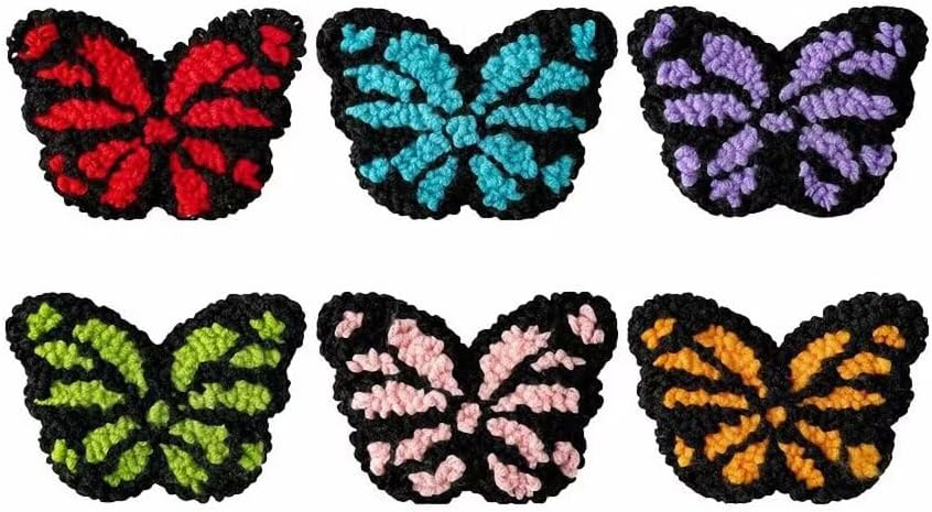 Punch Needle Coaster Kit 6 Patterns Butterfly Tufted Rug Pads, DIY Needle Punch Coaster Kit for Adults Beginners with Adhesive Felt Yarns Embroidery Hoop Tools Instruction