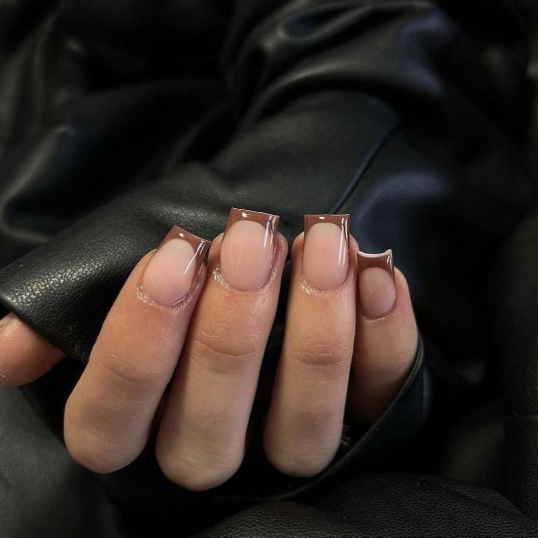 SXVME 30 Pcs Acrylic Press on Nails Short Square, Brown French Tip False Nails Short Coffin - Image 2