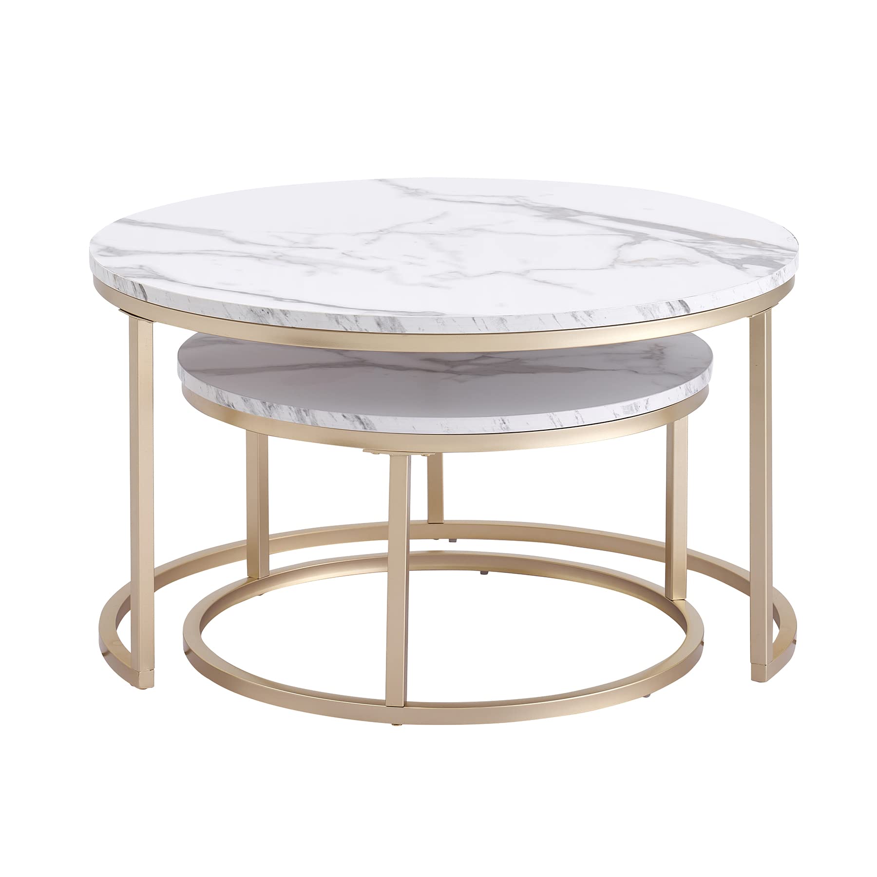 Rund Satztische Couchtisch 2er Set, Moderner Nesting-Tisch mit Stabilem Metallgestell, Geeignet für Wohnzimmer, Balkon, Büro, Groß: 80 * 80 * 45cm; Klein: 60 * 60 * 35cm (Weiß/Gold)