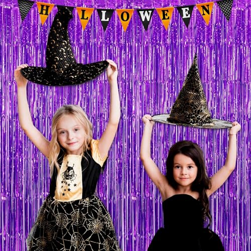 Image of 3 Pack Purple Foil Fringe Curtains Backdrop, 3.28 x 9.8 Ft Metallic Streamers Tinsel Curtains Background for Photo Booth, Birthday, Halloween, Christmas, Thanksgiving, New Year Party Decorations