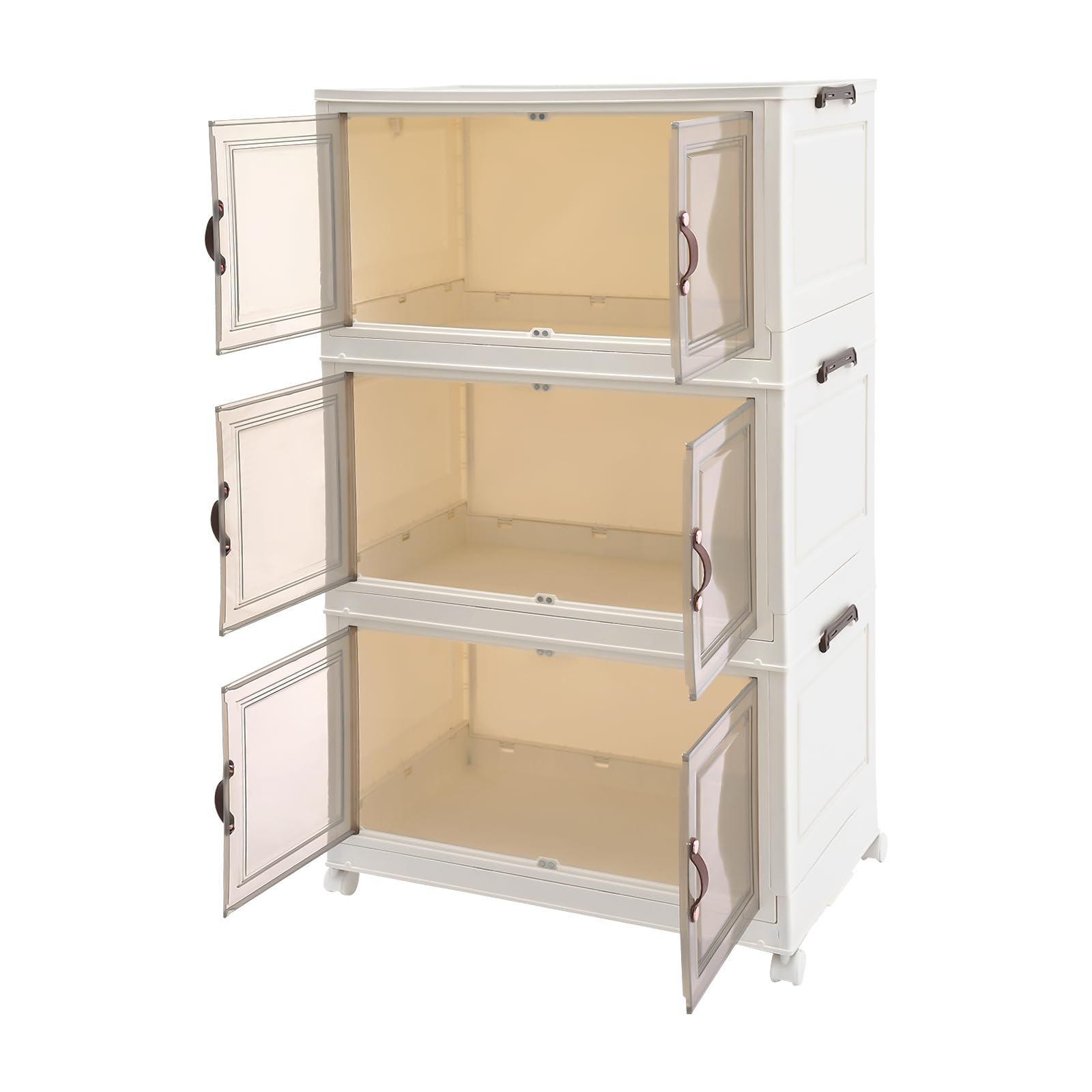 Lagerschränke faltbare Lagerbehälter Aufbewahrungsbox 3PCS Stapelbare Kunstoffboxen Aufbewahrungsbehälter Tragfähigkeit 30Kg, 65 * 42 * 110.5cm mit Rädern - Weiß