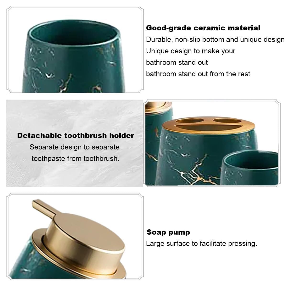 Set di accessori da bagno in ceramica con motivi vegetali, accessori con dispenser di sapone, piatto, bicchiere, decorazione per la casa, decorazione costiera (set da 4 pezzi, verde)
