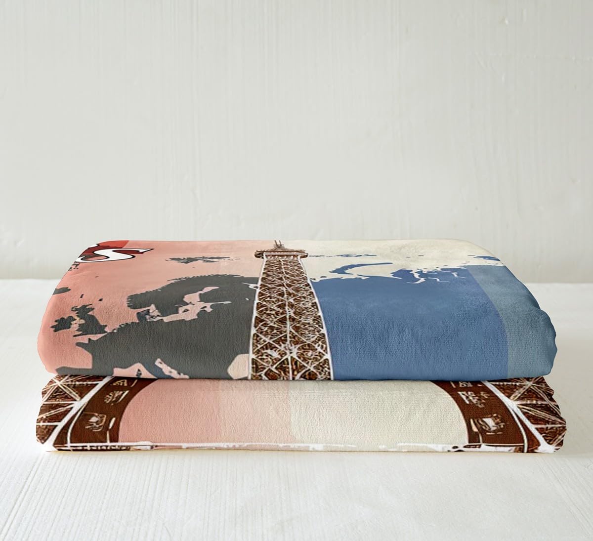 Eiffel Tower Bed Blanket Paris France Throw Blanket for Boys Girls Youth, Romantic City Building Fleece Blanket Classic Retro World Map Stripes Fuzzy Blanket Paris Themed Crib Stroller Decor 60"x80"